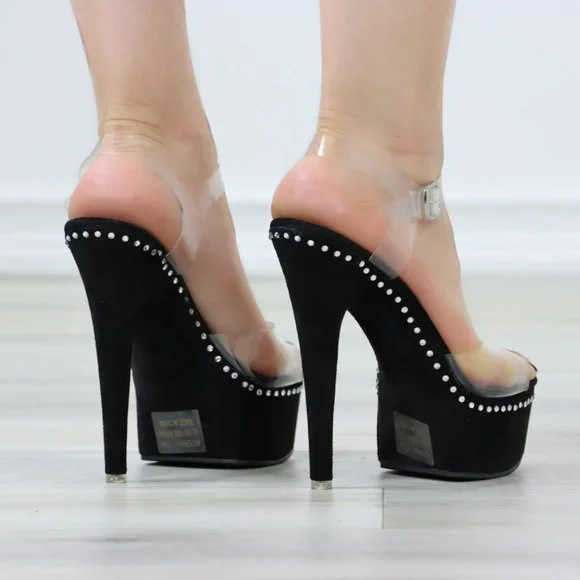 Clear Platform Heels Black Suede Rhinestones - Picture 6 of 12